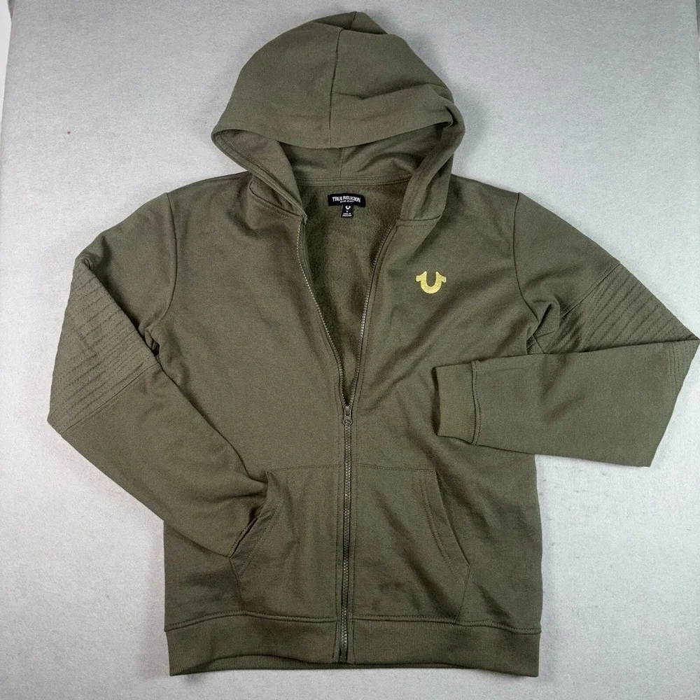True Religion Moto Zip Up Hoodie Mens Large Olive Green Gold Horseshoe Logo